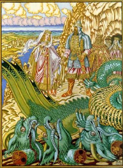 Ivan Bilibin Dobrynya Nikitich rescues Zabava from the dragon Gorynych Norge oil painting art